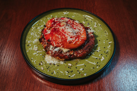 A closeup shot of beautifully served meat dish on a green plateの写真素材
