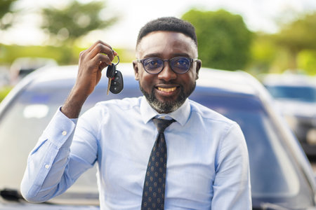 A selective focus shot of a man leaning on the car holding keysの写真素材