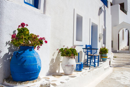 A beautiful shot of a white street with plants and chairs in Amorgos, Greeceの写真素材
