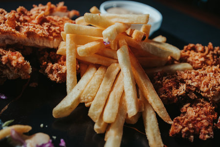 A closeup shot of fried crispy chicken with french fries in a plateの写真素材