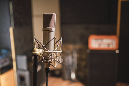 A horizontal shot of a microphone, professional equipment in the recording studioの写真素材