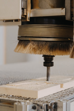 A closeup shot of a plywood carving machine at workの写真素材