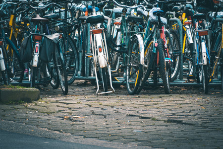 A closeup shot of bicycles parked outdoorsの写真素材