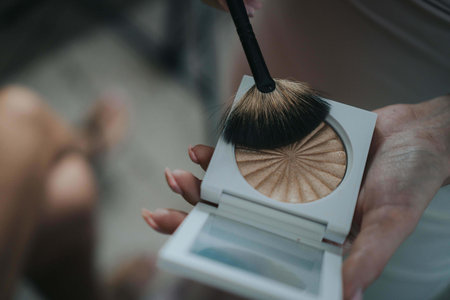 A closeup shot of a hand dipping a brush in a highlighterの写真素材