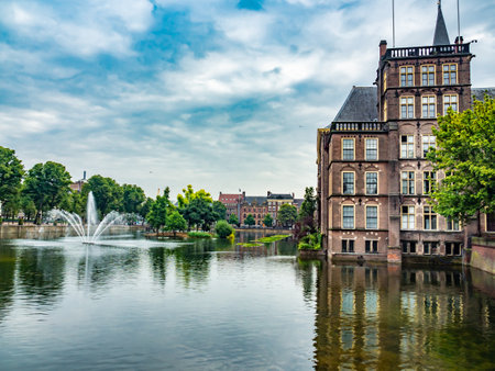 A beautiful shot of a pond near the Binnenhof in the Netherlandsの写真素材