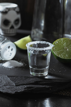 A tequila bottle and a salty jigger with lime and a Mexican skull next to them on a black surfaceの写真素材