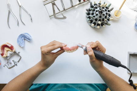 A closeup shot of hands working on a denture with a toolの写真素材