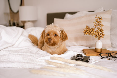 A closeup shot of a cute little dog on the bed with a camera, vase, and a reading glasses beside it