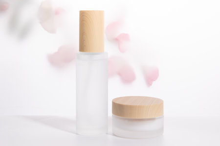 A skincare bottle and cream container on a white background with pink petalsの写真素材
