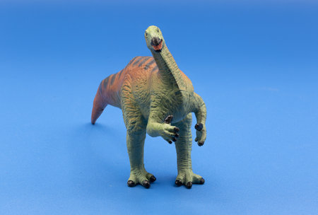 A closeup of a small model brachiosaurus, on a blue backgroundの写真素材