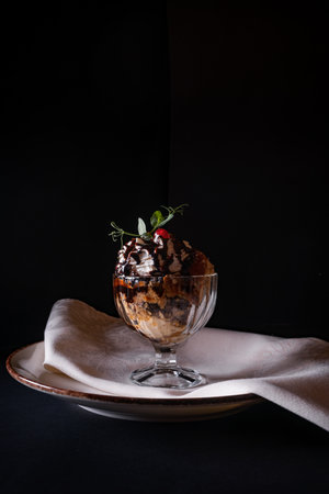 A vertical shot of a glass of ice-cream on a plate isolated on black backgroundの写真素材