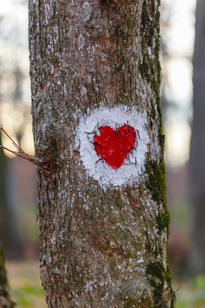 A beautiful shot of a red heart in a white circle painted on a tree trunk - love conceptの写真素材