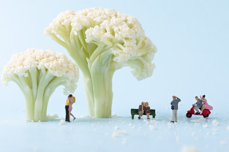 A closeup of a toy people and cauliflower on a blue background-concept people in the parkの写真素材