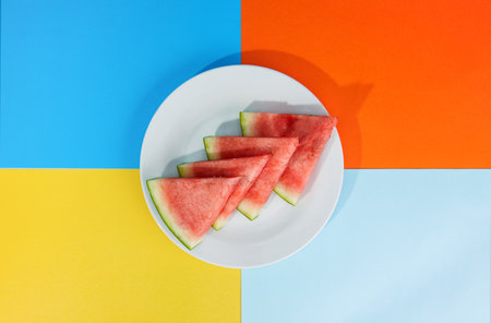 A top view of sliced watermelons on a plate against a colorful surfaceの写真素材