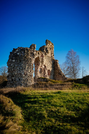 A vertical shot of a ruined medieval castle on a sunny day in Aizkraukle, Latvia