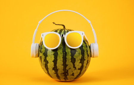 A cool image of watermelon with sunglasses and headphones isolated on a yellow background - summertime conceptの写真素材