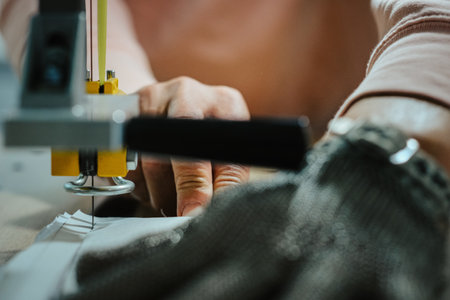 A selective focus shot of seamstress working on sewing machiの写真素材