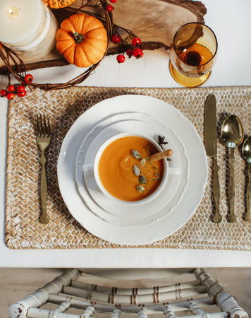 A top view of a dinner set on  a tableの写真素材