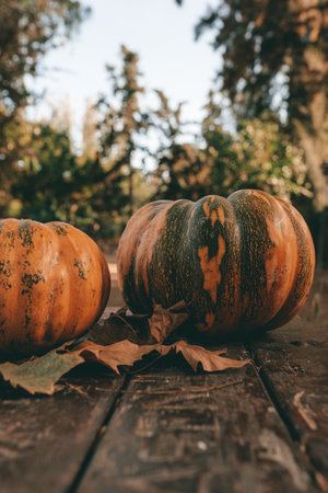 A vertical closeup shot of pumpkins and autumn leaves on a table in the forest