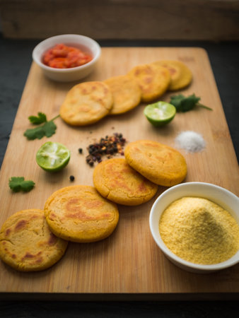 Ingredients and Preparation of Typical Colombian Food: Arepas with two Sauces, Guacamole and Hogao.の写真素材