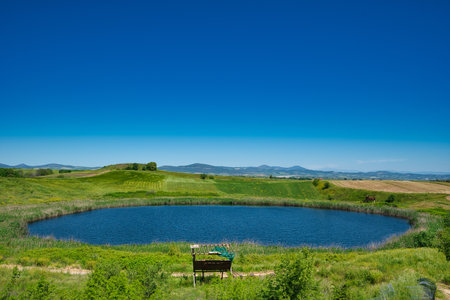 lakes created by meteorite fall ,Twin lakes Zerelia or Zirelia are two circular lakes, located 4 km southwest of the city of Almyros in Greeceの写真素材