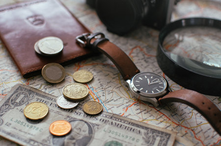 A closeup shot of coins, one dollar bill, a watch, wallet and magnifying glass on a map