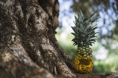 A Halloween pineapple with a scary face on the roots of a treeの写真素材