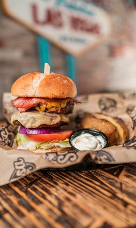 A vertical closeup shot of a tasty burger with meat and baconの写真素材