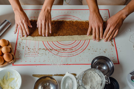 A top view shot of hands of a man and a woman preparing cinnamon rolls