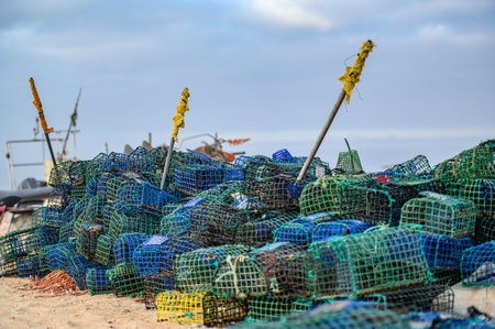A pile of fishing nets and cagesの写真素材