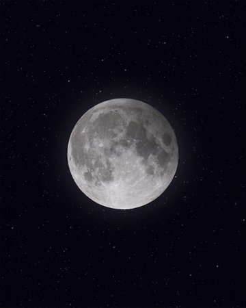 A vertical grayscale of the full moon with stars shining in the background