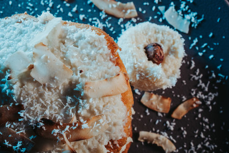 A selective focus shot of pancake with coconut flakes on a plateの写真素材