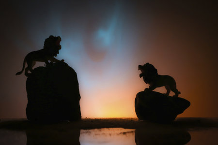 A silhouette of lion figures on rocksの写真素材