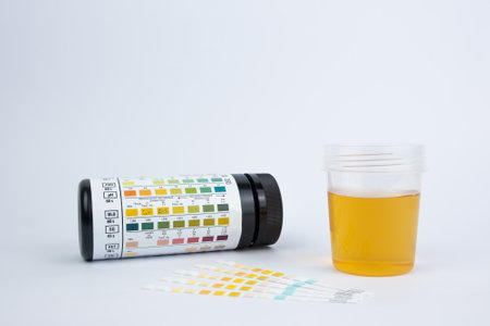 A closeup shot of test strips and a cup for urinalysis