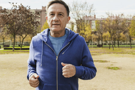 A shallow focus of a middle aged man in sportswear jogging in a park in the morningの写真素材