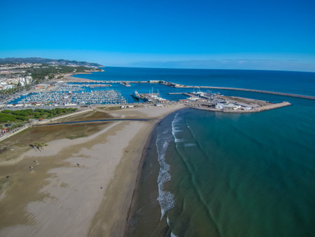 An aerial view of the beach in Vilanova i la Geltru in Barcelona, Spainの写真素材
