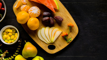 A high angle shot of grapes, pears, orange, watermelon and dates on a chopping board
