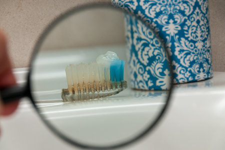 An old and dirty toothbrush with germs seen with a magnifying glassの写真素材