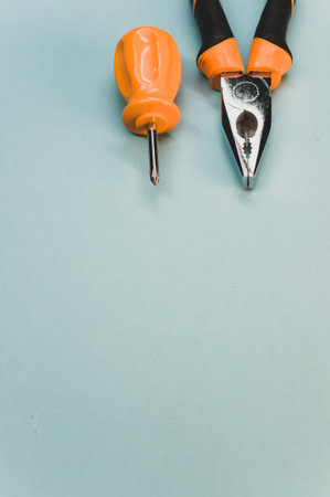 A vertical shot of a small screwdriver and pliers isolated on a light blue backgroundの写真素材