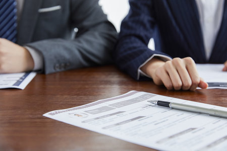 Two businessmen in elegant suits at a business meeting discussing a new project in the officeの写真素材