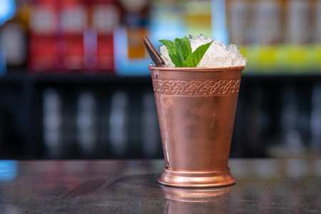 A closeup of a glass of mojito cocktail ina metal glassの写真素材