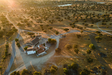 An aerial shot of houses in a rural field in Extremadura, Spainの写真素材