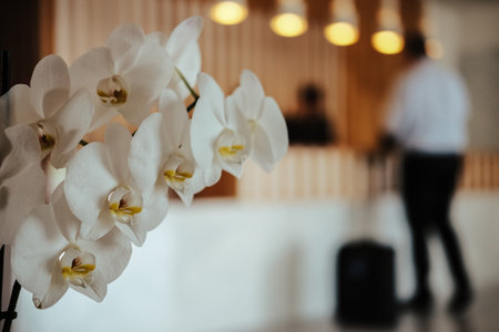 A selective focus shot of flowers next to a receptionの写真素材