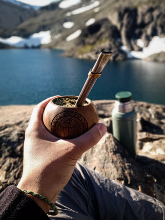 A vertical shot of a hiker holding a bowl of herbs near a lake