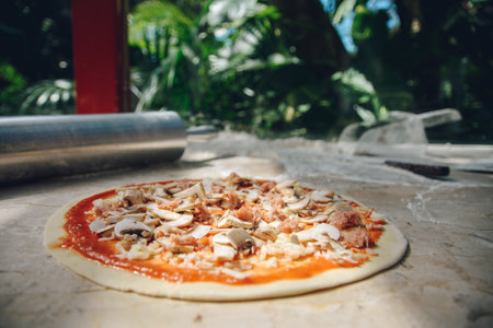A closeup shot of an uncooked pizza with mushroomsの写真素材