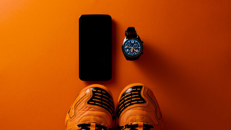 A top view of orange sneakers, smartphone, and smartwatch, on an orange background, fitness accessories at homeの写真素材