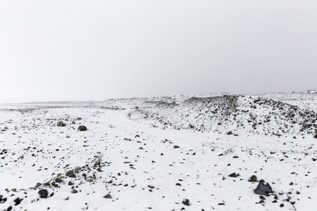 A field covered with snow in Icelandの写真素材