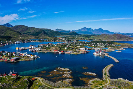 Aerial drone view of the Ballstad town, sunny summer day, in Lofoten, Norwayの写真素材