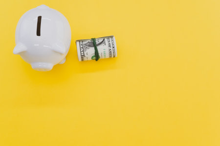 A high angle shot of dollar bills and a piggy bank on a yellow surfaceの写真素材