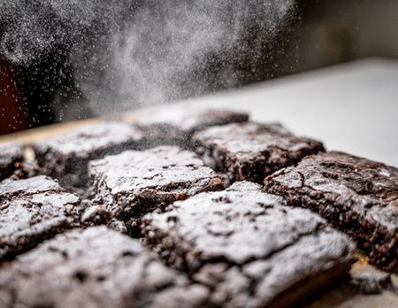 A closeup of freshly baked brownies dusted with powdered sugar
